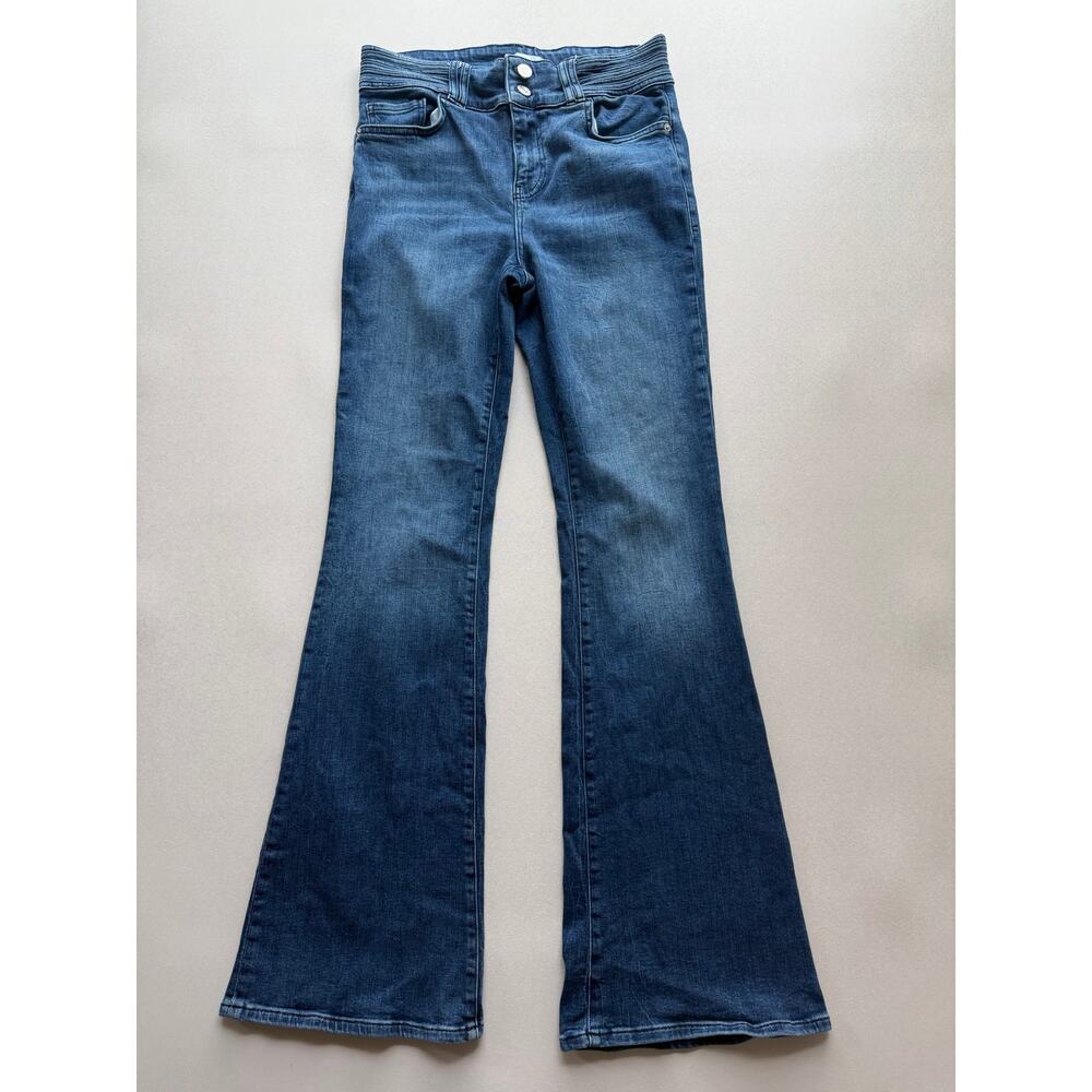 Frame Women's Medium Wash Blue Le High Flare Ruched Waistband Jeans Size 29 - Picture 2 of 13